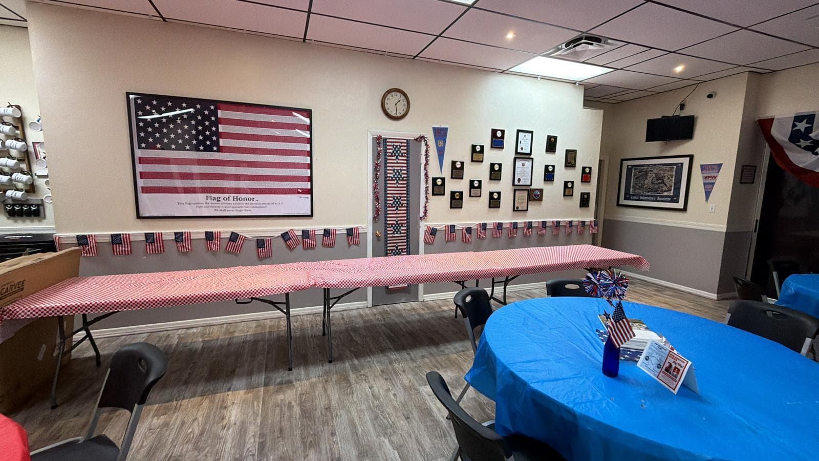 The decorated gathering room inside Golden Gate Post 7721